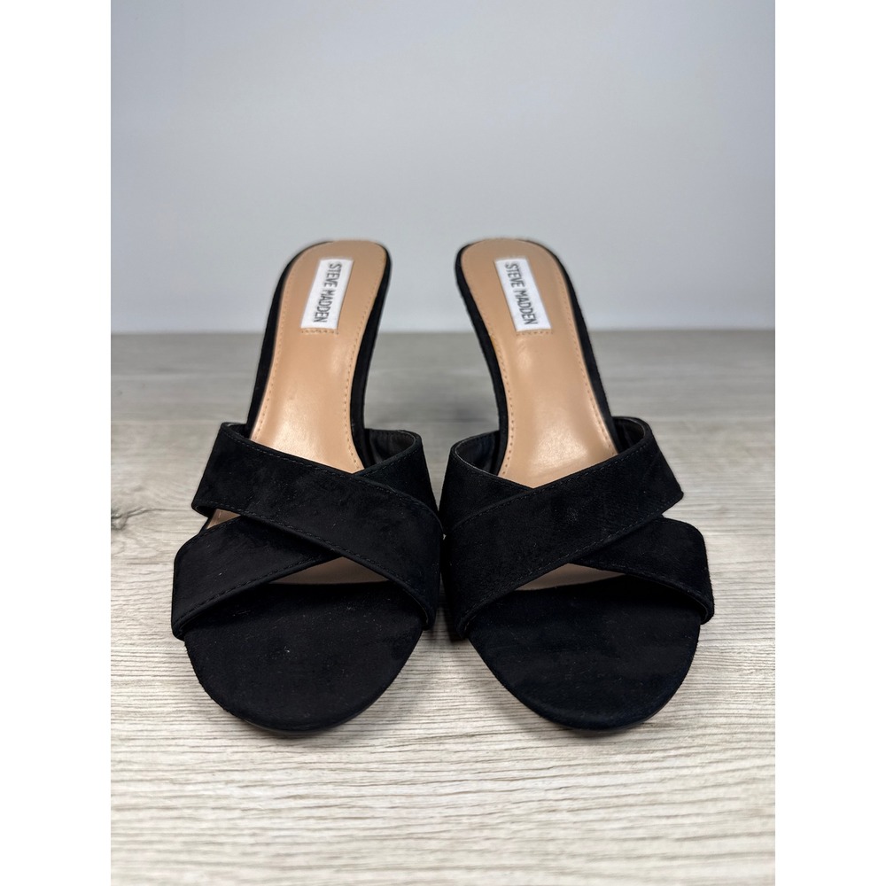 Steve Madden‎ Evie Womens 8.5M Black Suede Crisscross Stiletto Slide Mules - Picture 2 of 8